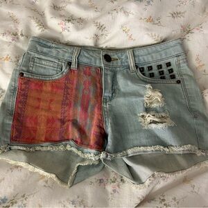 Studded Denim Shorts with Western Print